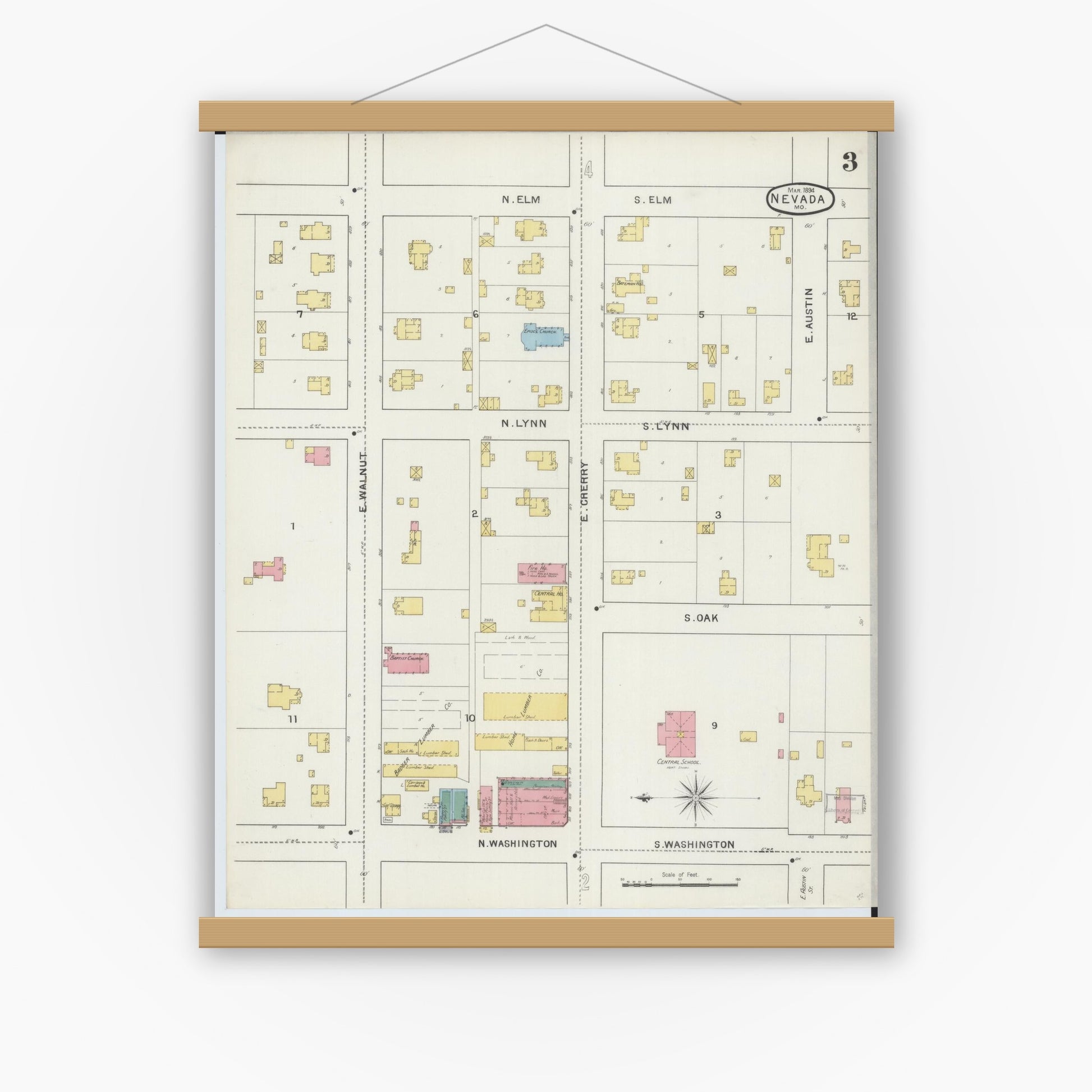 Old map wall art mockup — magnetic wood frame on white wall — Sanborn Fire Insurance Map from Nevada, Vernon County, Missouri (1894), Sheet #0003