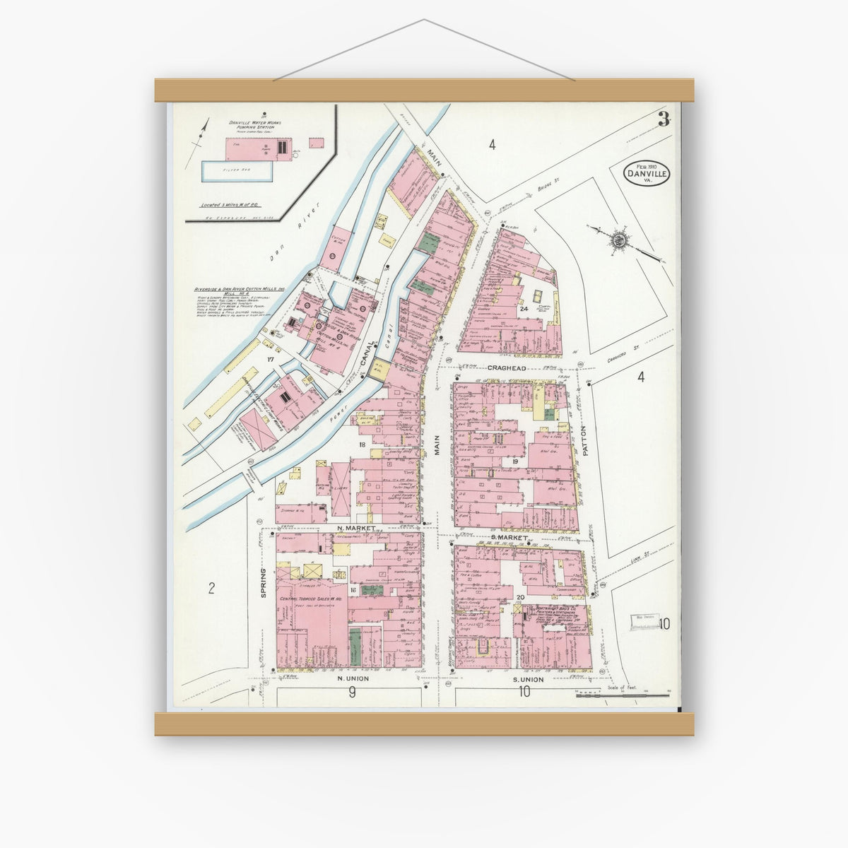 Old map wall art mockup — magnetic wood frame on white wall — Sanborn Fire Insurance Map from Danville, Independent Cities, Virginia (1910), Sheet #0003