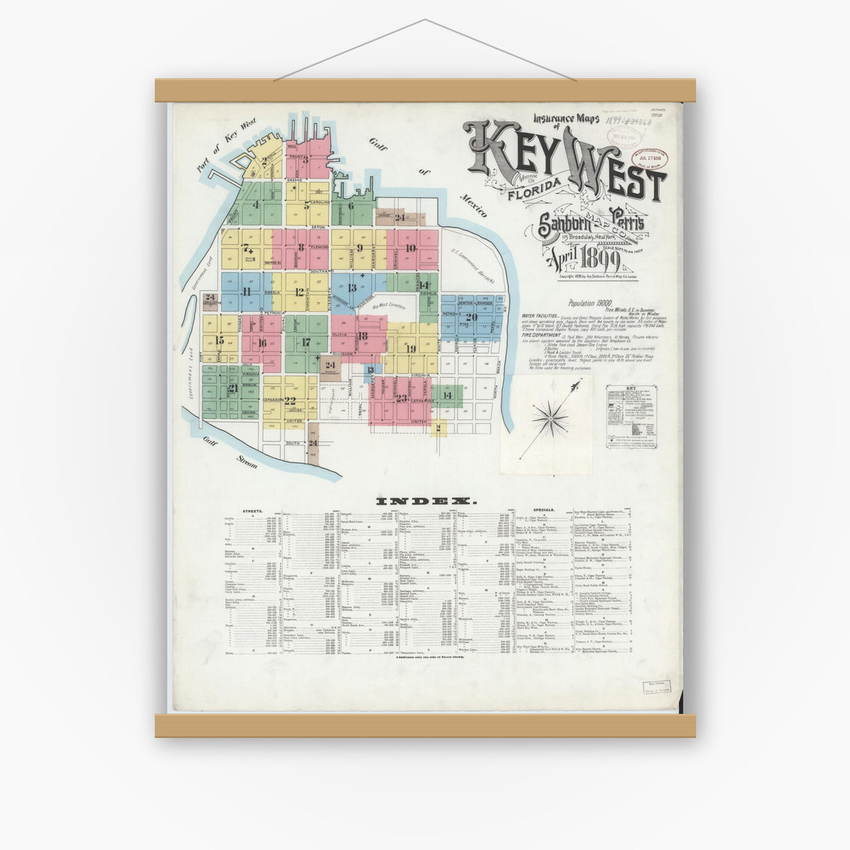 Old map wall art mockup — magnetic wood frame on white wall — Sanborn Fire Insurance Map from Key West, Monroe County, Florida (1899) - Complete Map Set