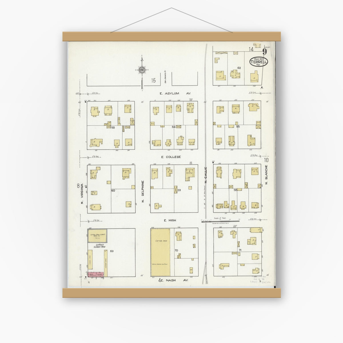 Old map wall art mockup — magnetic wood frame on white wall — Sanborn Fire Insurance Map from Terrell, Kaufman County, Texas (1921), Sheet #0009