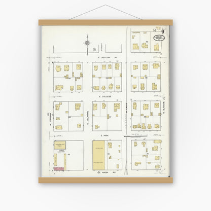 Old map wall art mockup — magnetic wood frame on white wall — Sanborn Fire Insurance Map from Terrell, Kaufman County, Texas (1921), Sheet #0009
