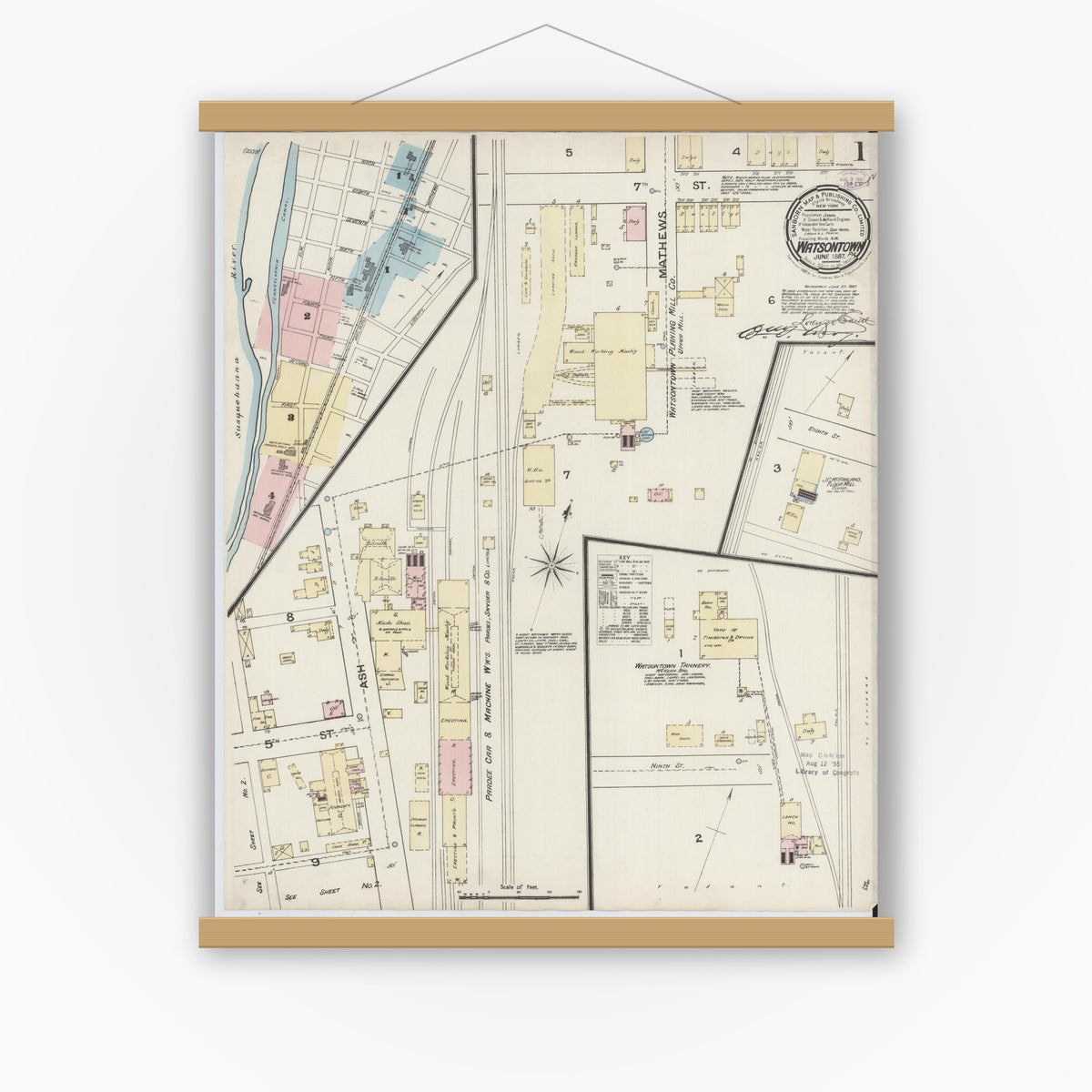 Old map wall art mockup — magnetic wood frame on white wall — Sanborn Fire Insurance Map from Watsontown, Northumberland County, Pennsylvania (1887), Sheet #0001