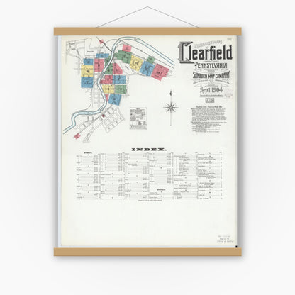 Old map wall art mockup — magnetic wood frame on white wall — Sanborn Fire Insurance Map from Clearfield, Clearfield County, Pennsylvania (1904), Sheet #0001