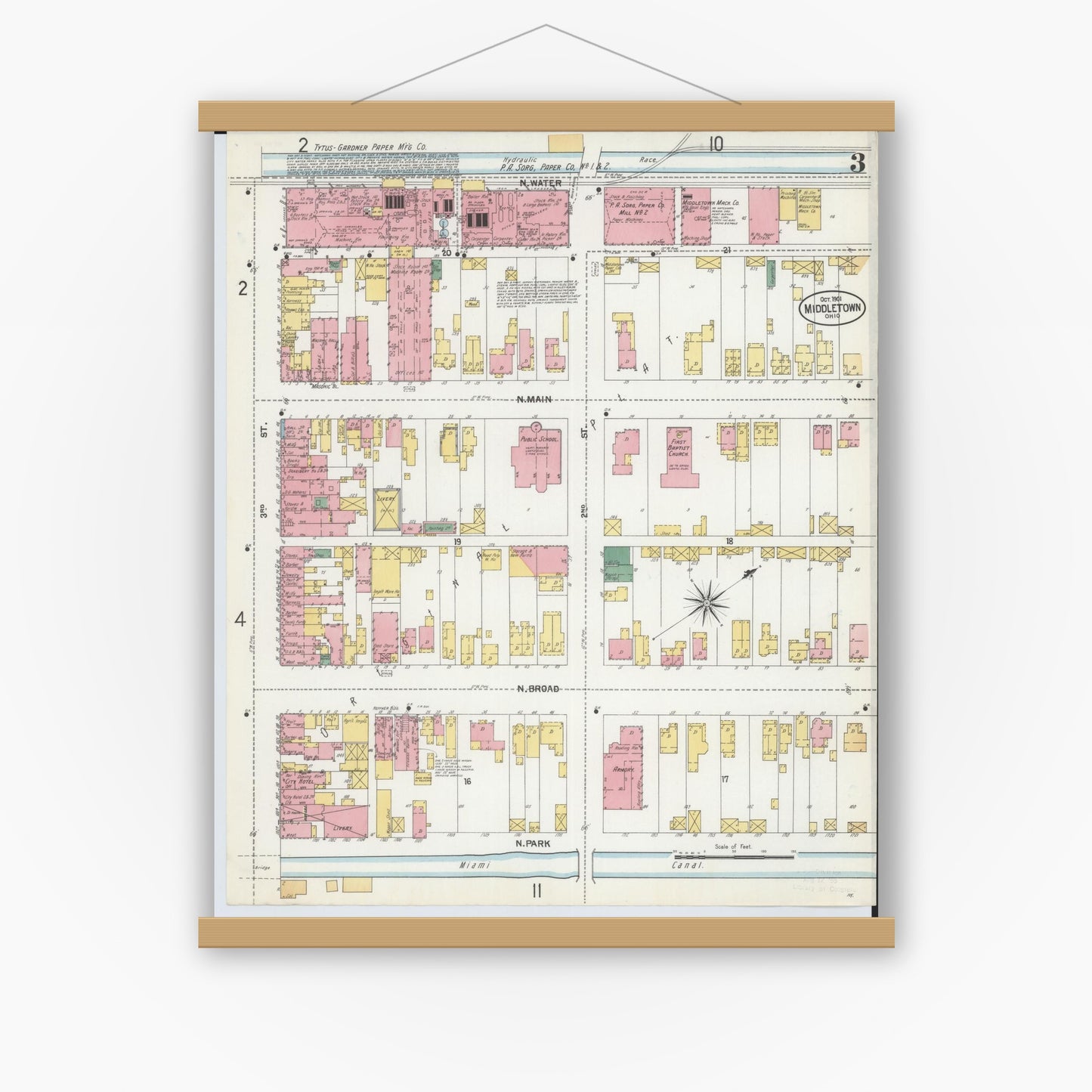 Old map wall art mockup — magnetic wood frame on white wall — Sanborn Fire Insurance Map from Middletown, Butler County, Ohio (1901), Sheet #0003