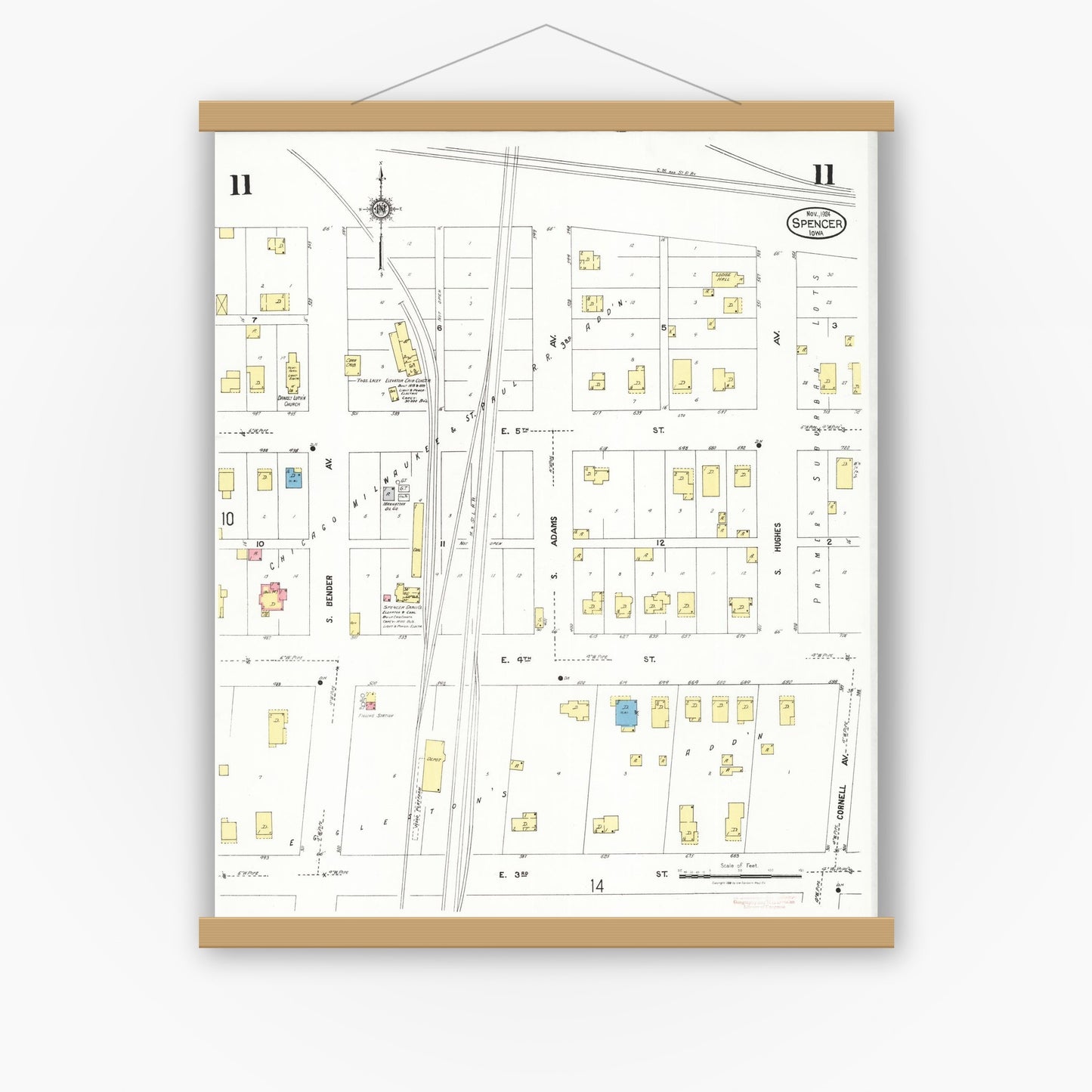 Old map wall art mockup — magnetic wood frame on white wall — Sanborn Fire Insurance Map from Spencer, Clay County, Iowa (1924), Sheet #0011