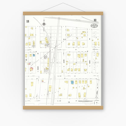 Old map wall art mockup — magnetic wood frame on white wall — Sanborn Fire Insurance Map from Spencer, Clay County, Iowa (1924), Sheet #0011