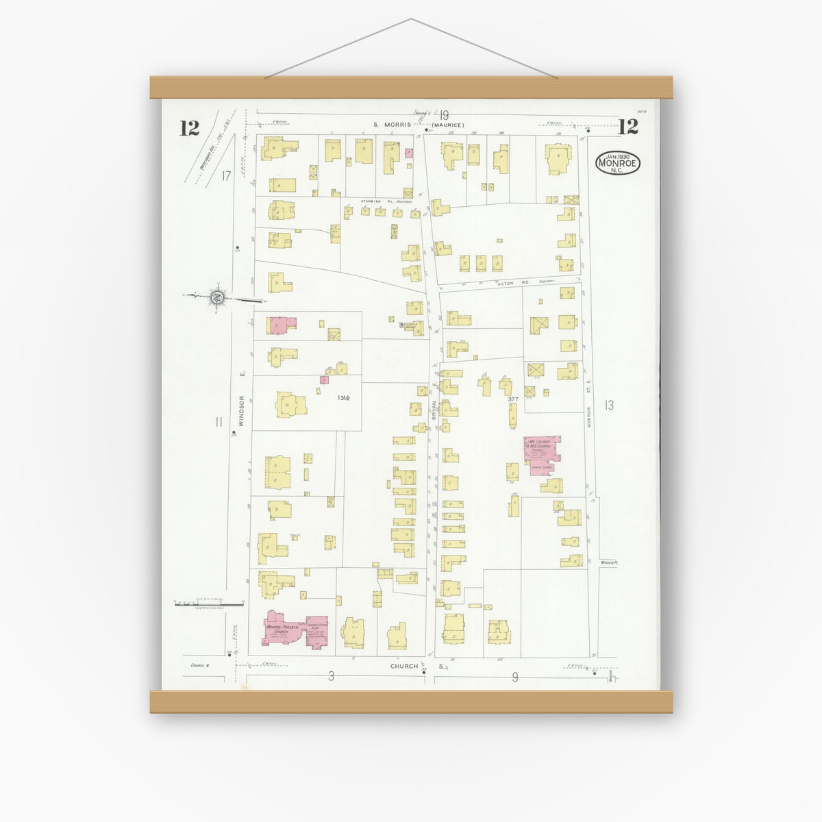 Old map wall art mockup — magnetic wood frame on white wall — Sanborn Fire Insurance Map from Monroe, Union County, North Carolina (1930), Sheet #0012