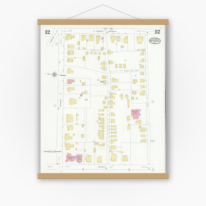 Old map wall art mockup — magnetic wood frame on white wall — Sanborn Fire Insurance Map from Monroe, Union County, North Carolina (1930), Sheet #0012