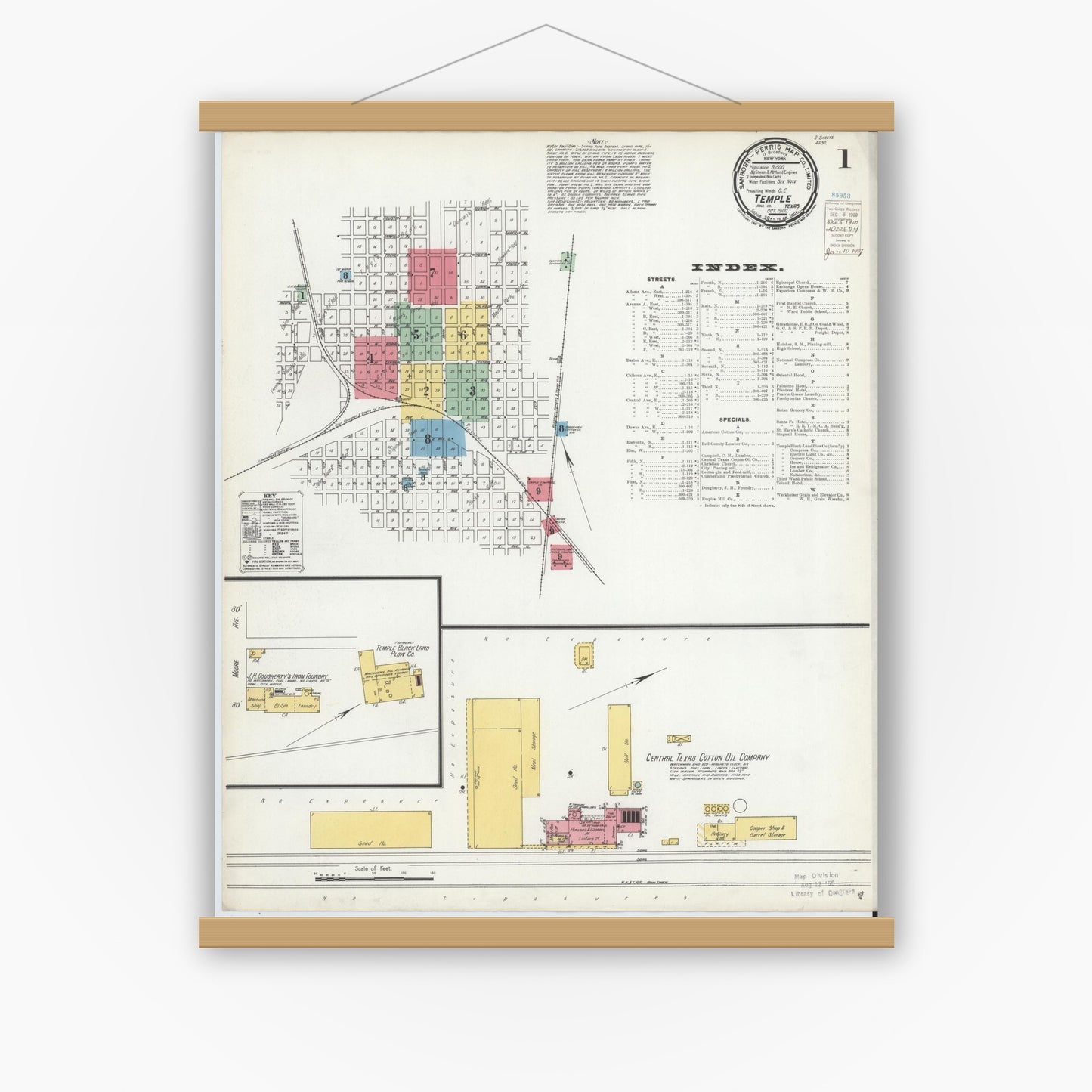 Old map wall art mockup — magnetic wood frame on white wall — Sanborn Fire Insurance Map from Temple, Bell County, Texas (1900) - Complete Map Set