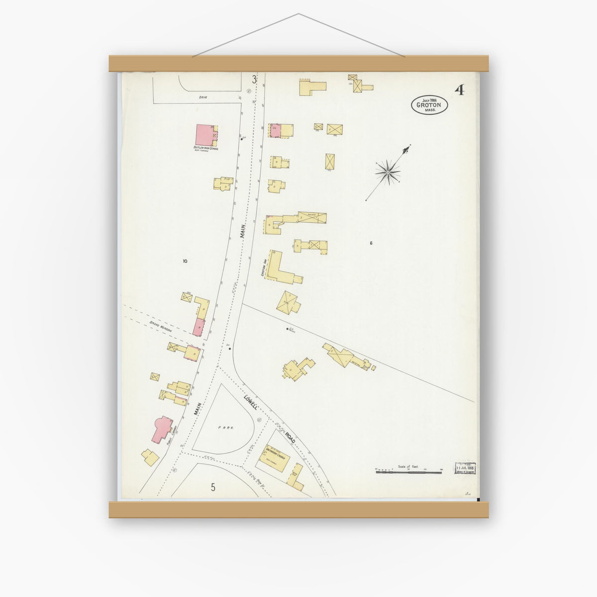 Old map wall art mockup — magnetic wood frame on white wall — Sanborn Fire Insurance Map from Groton, Middlesex County, Massachusetts (1906), Sheet #0004