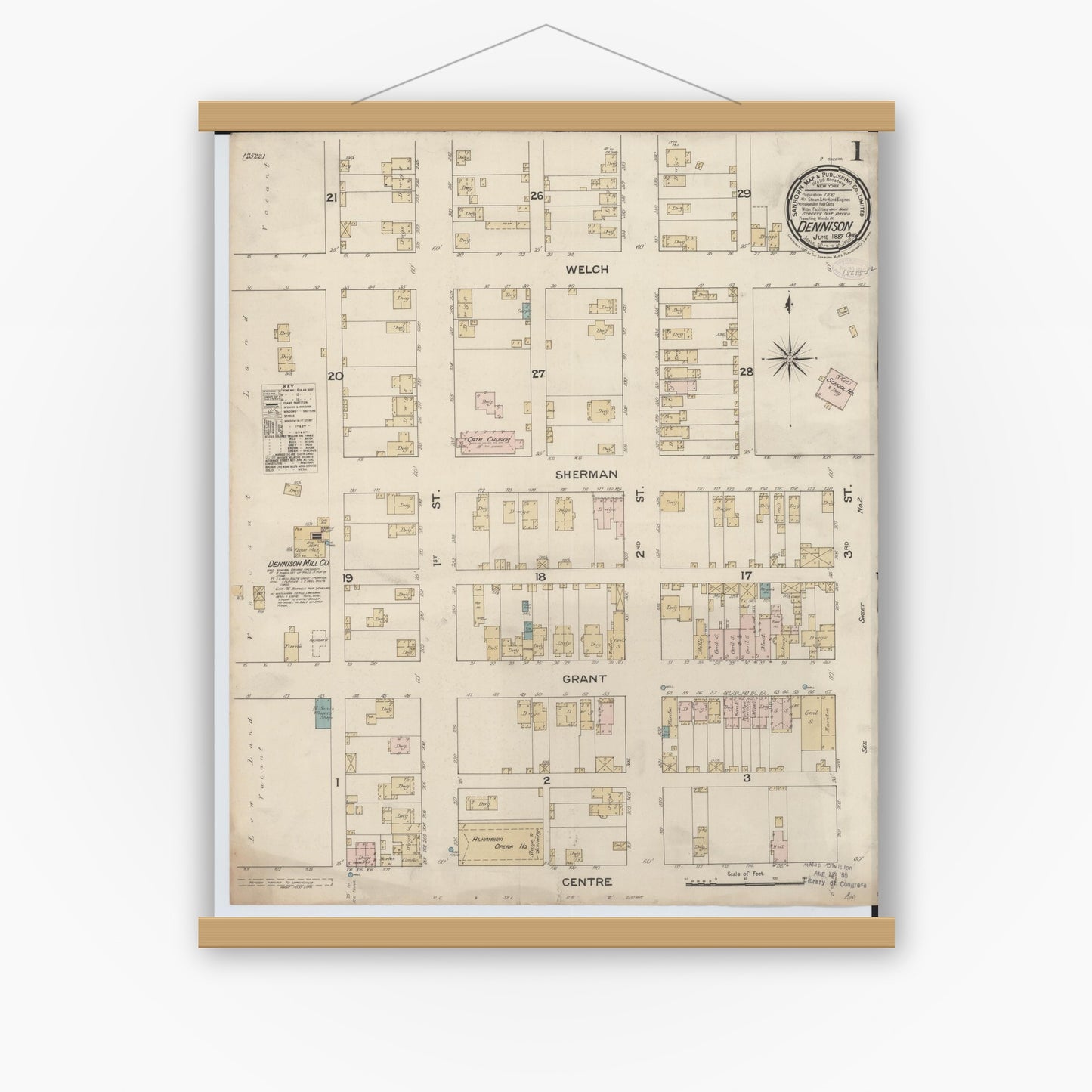Old map wall art mockup — magnetic wood frame on white wall — Sanborn Fire Insurance Map from Dennison, Tuscarawas County, Ohio (1887), Sheet #0001