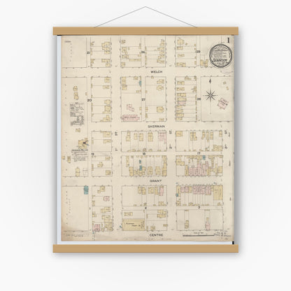 Old map wall art mockup — magnetic wood frame on white wall — Sanborn Fire Insurance Map from Dennison, Tuscarawas County, Ohio (1887), Sheet #0001