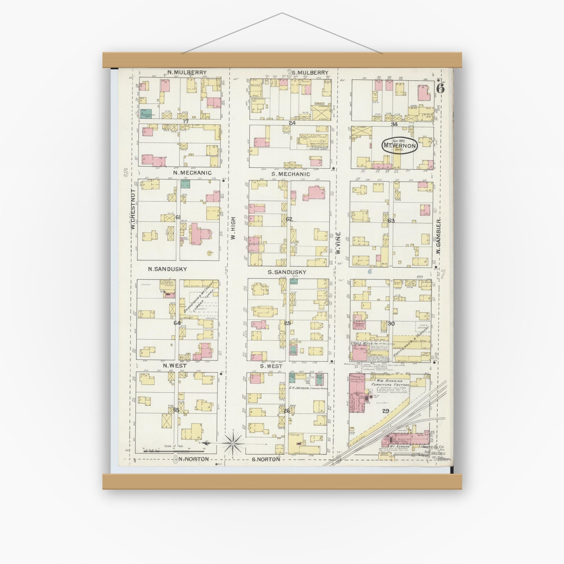 Old map wall art mockup — magnetic wood frame on white wall — Sanborn Fire Insurance Map from Mount Vernon, Knox County, Ohio (1892), Sheet #0006