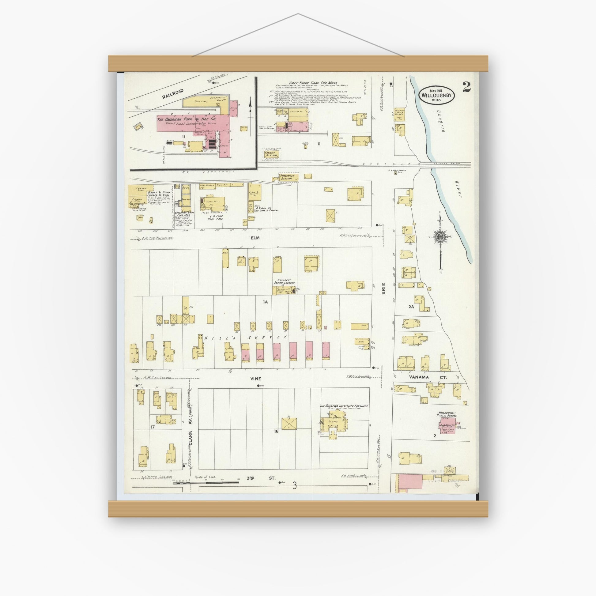 Old map wall art mockup — magnetic wood frame on white wall — Sanborn Fire Insurance Map from Willoughby, Lake County, Ohio (1911), Sheet #0002