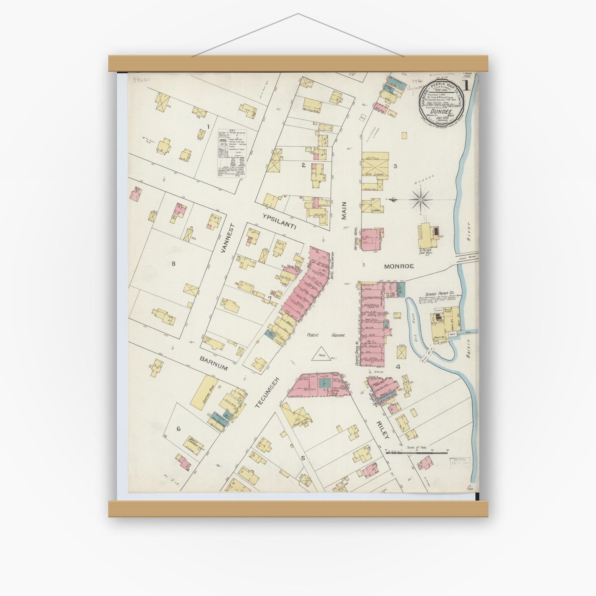 Old map wall art mockup — magnetic wood frame on white wall — Sanborn Fire Insurance Map from Dundee, Monroe County, Michigan (1893) - Complete Map Set