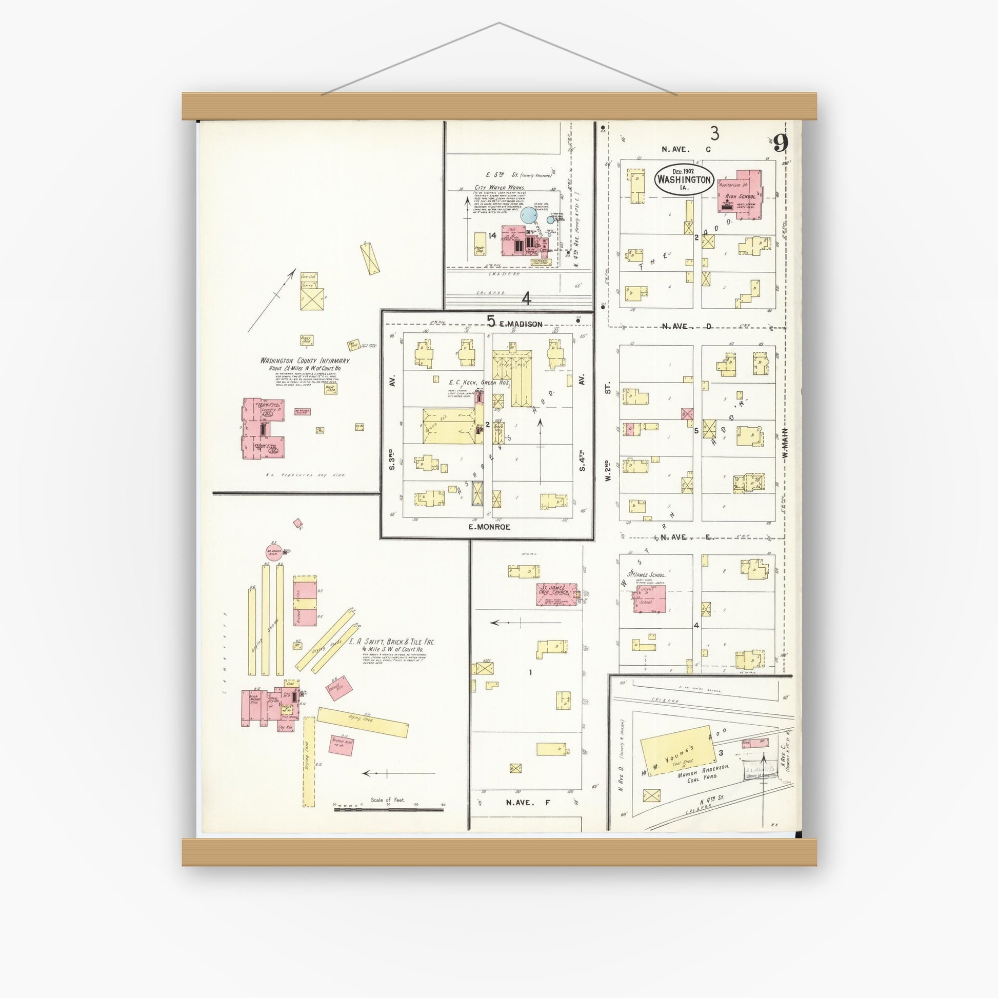 Old map wall art mockup — magnetic wood frame on white wall — Sanborn Fire Insurance Map from Washington, Washington County, Iowa (1902), Sheet #0009