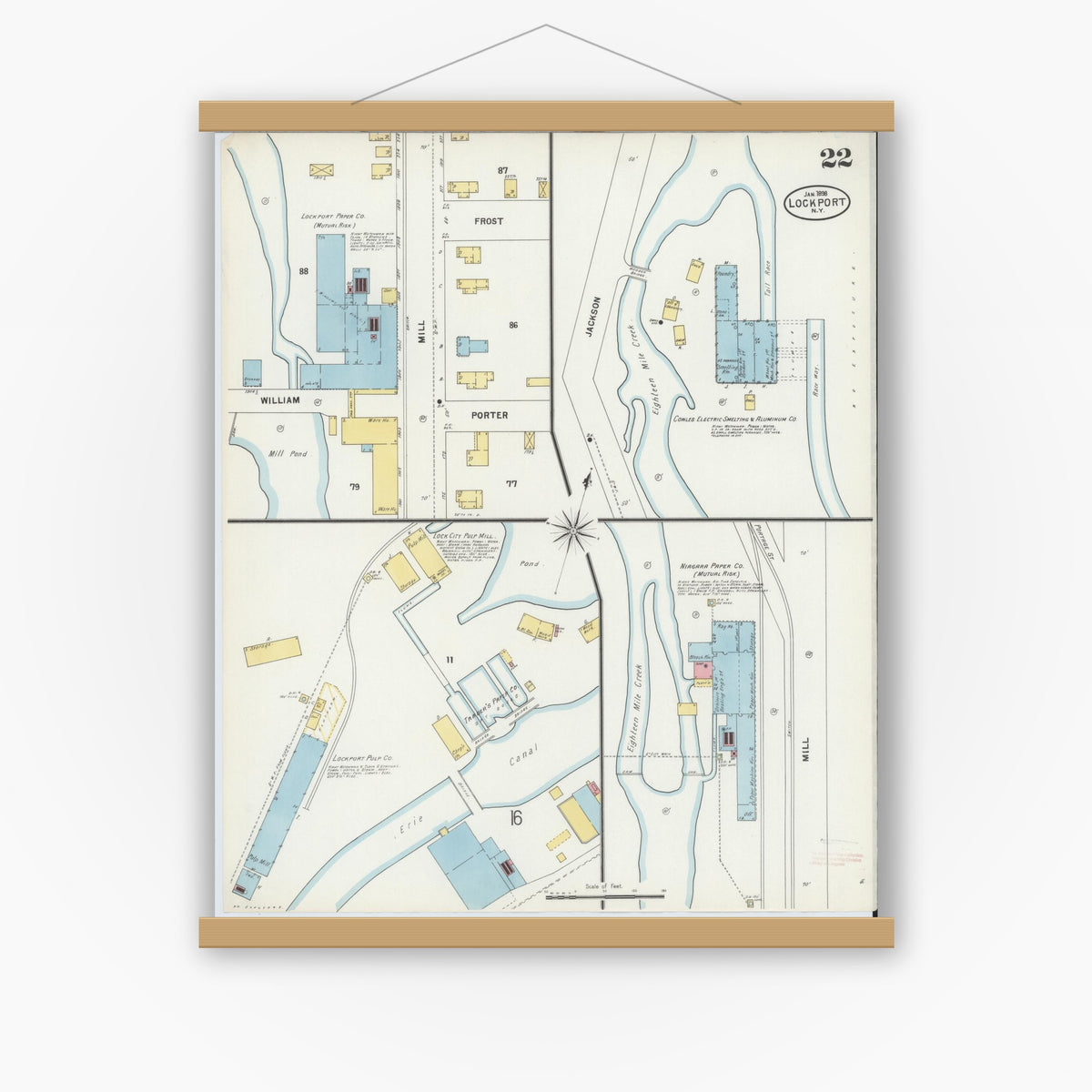 Old map wall art mockup — magnetic wood frame on white wall — Sanborn Fire Insurance Map from Lockport, Niagara County, New York (1898), Sheet #0022