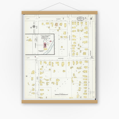 Old map wall art mockup — magnetic wood frame on white wall — Sanborn Fire Insurance Map from Charlotte, Eaton County, Michigan (1911), Sheet #0009