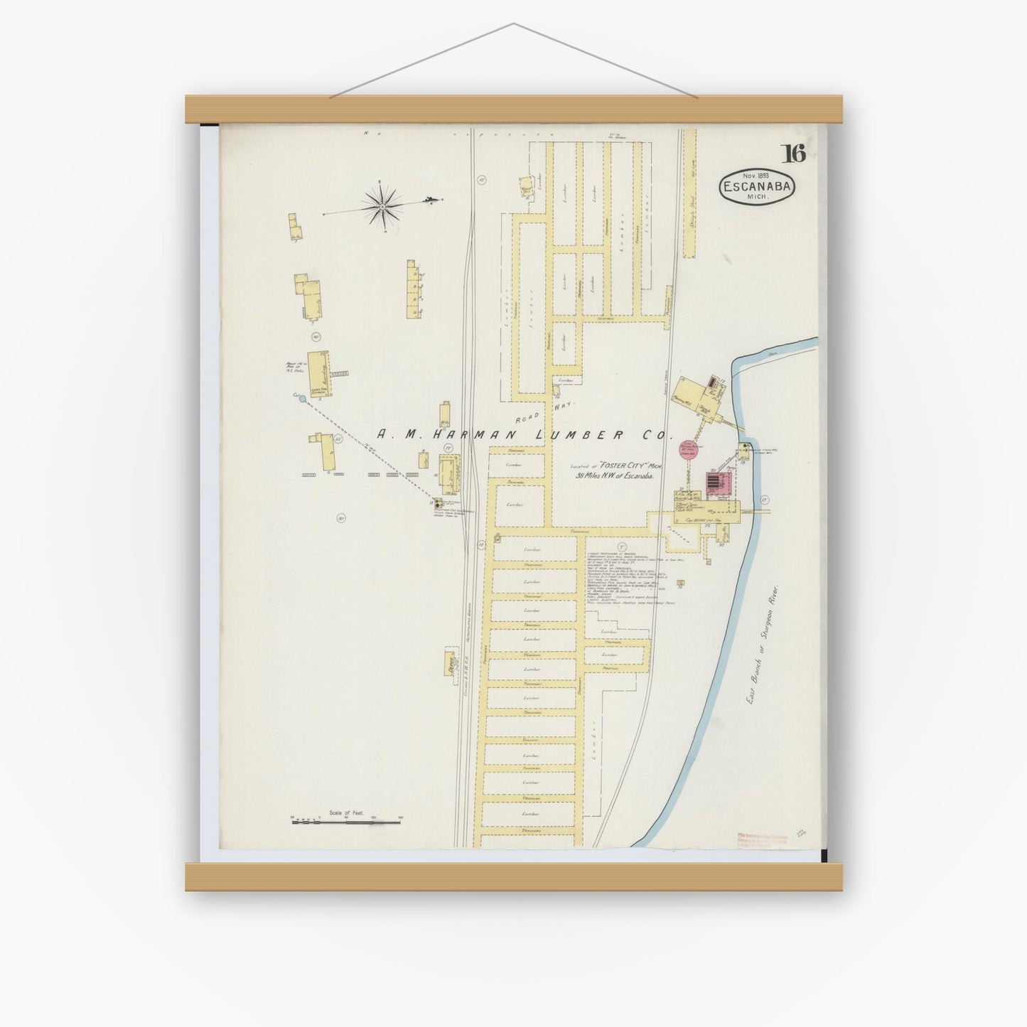 Old map wall art mockup — magnetic wood frame on white wall — Sanborn Fire Insurance Map from Escanaba, Delta County, Michigan (1893), Sheet #0016