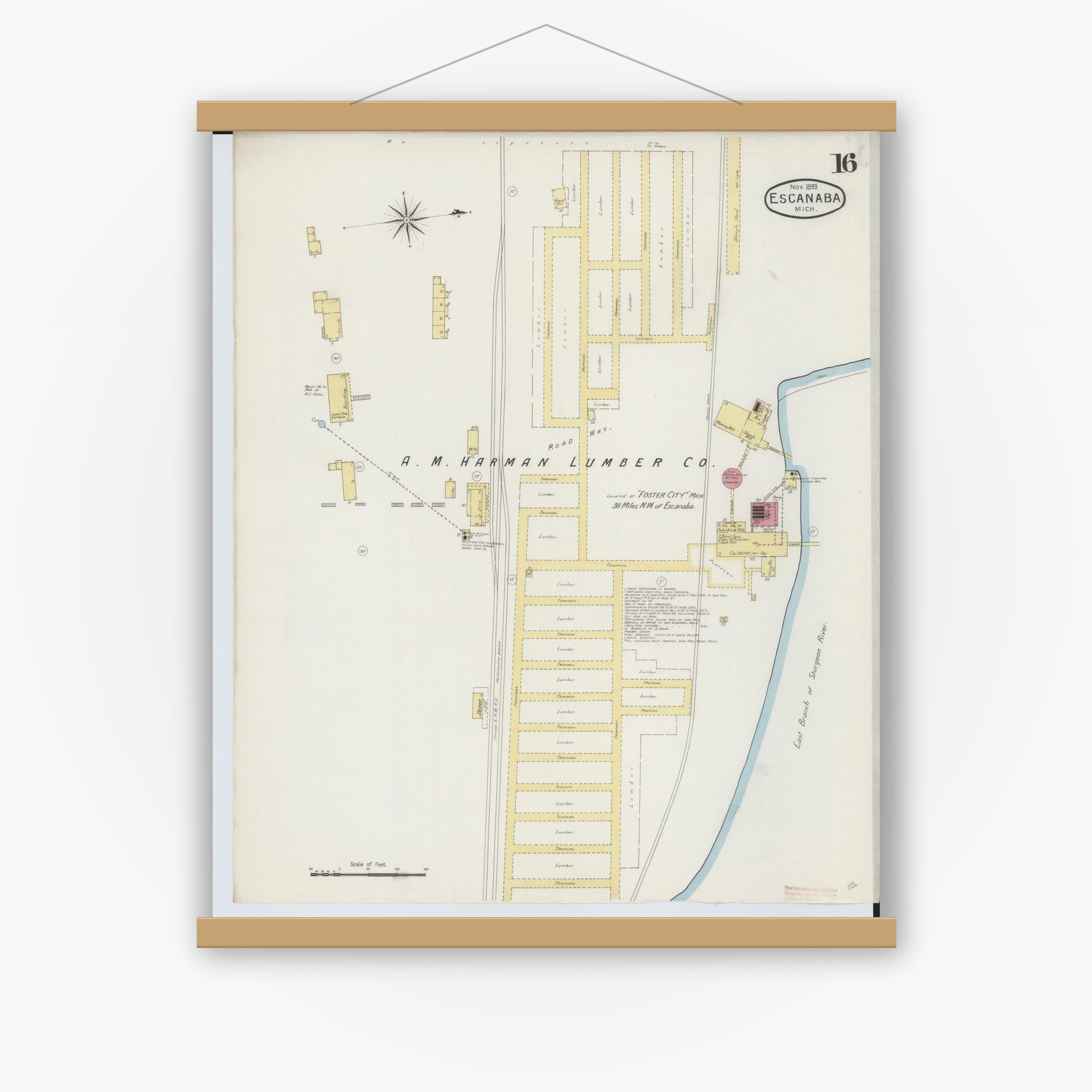 Old map wall art mockup — magnetic wood frame on white wall — Sanborn Fire Insurance Map from Escanaba, Delta County, Michigan (1893), Sheet #0016