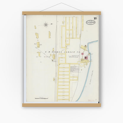 Old map wall art mockup — magnetic wood frame on white wall — Sanborn Fire Insurance Map from Escanaba, Delta County, Michigan (1893), Sheet #0016