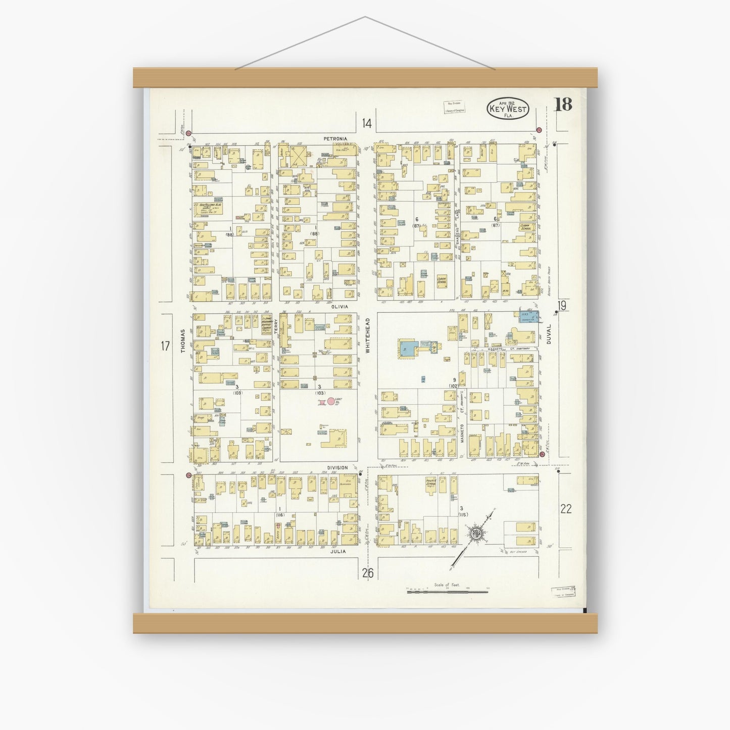 Old map wall art mockup — magnetic wood frame on white wall — Sanborn Fire Insurance Map from Key West, Monroe County, Florida (1912), Sheet #0018