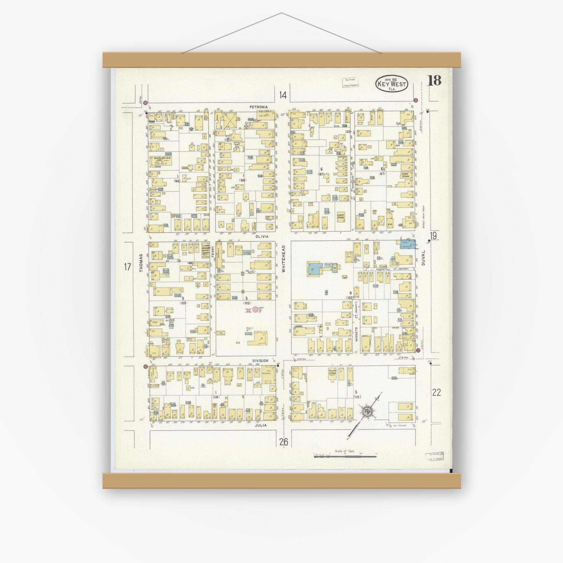 Old map wall art mockup — magnetic wood frame on white wall — Sanborn Fire Insurance Map from Key West, Monroe County, Florida (1912), Sheet #0018