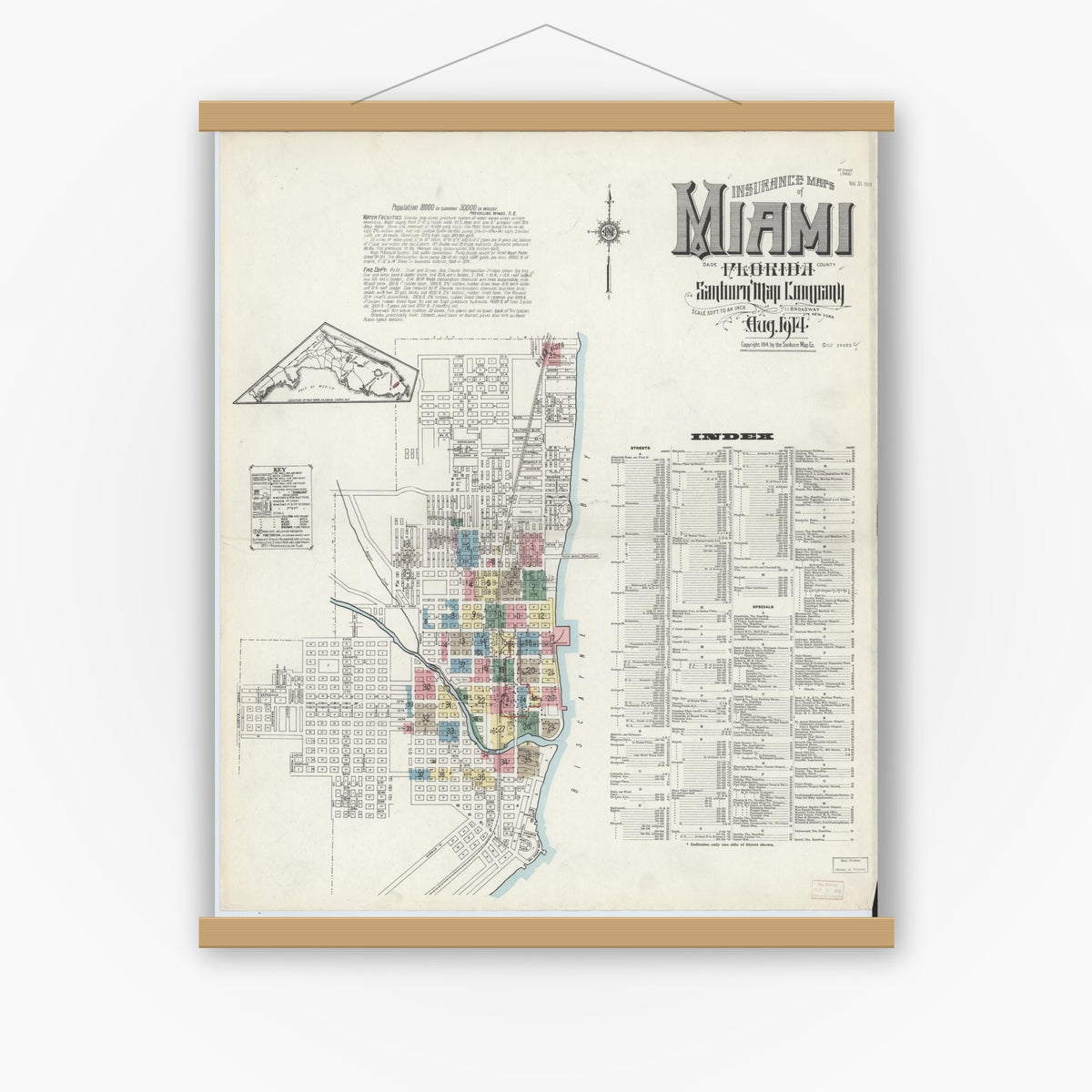 Old map wall art mockup — magnetic wood frame on white wall — Sanborn Fire Insurance Map from Miami, Dade County, Florida (1914) - Complete Map Set