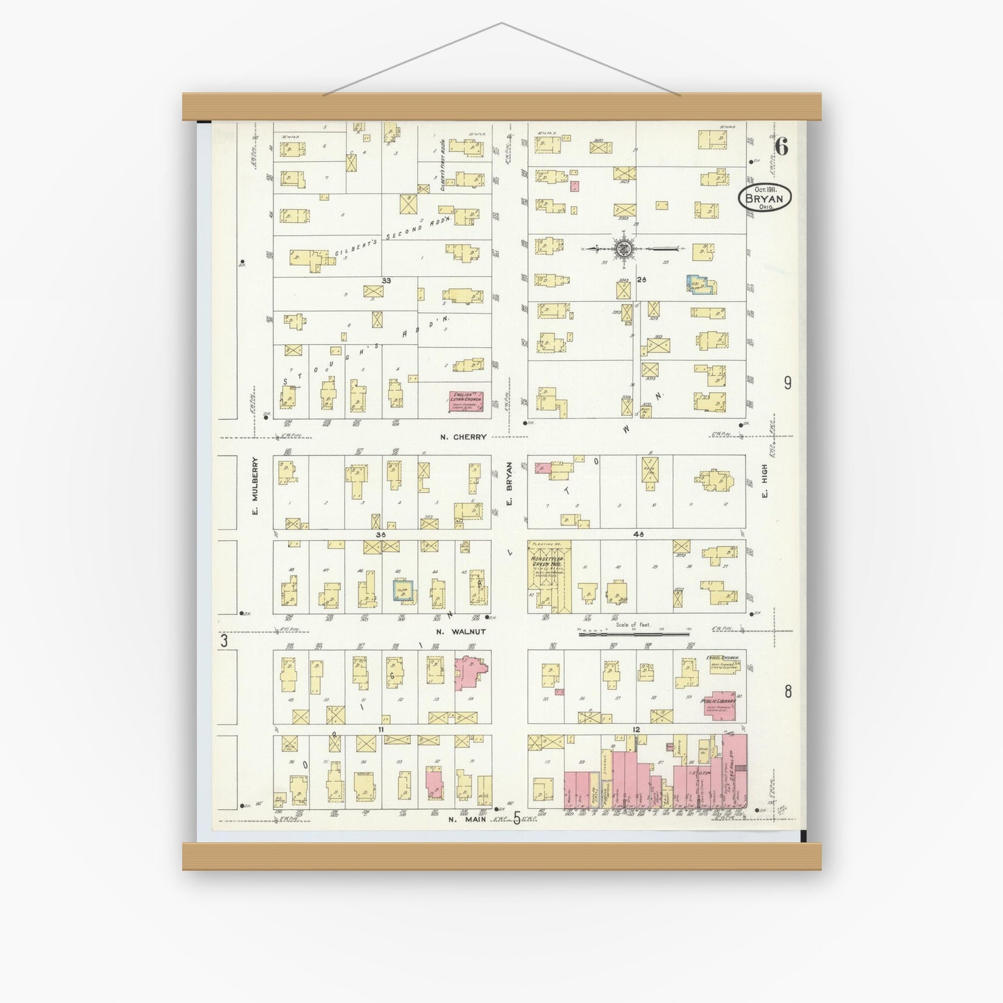 Old map wall art mockup — magnetic wood frame on white wall — Sanborn Fire Insurance Map from Bryan, Williams County, Ohio (1911), Sheet #0006
