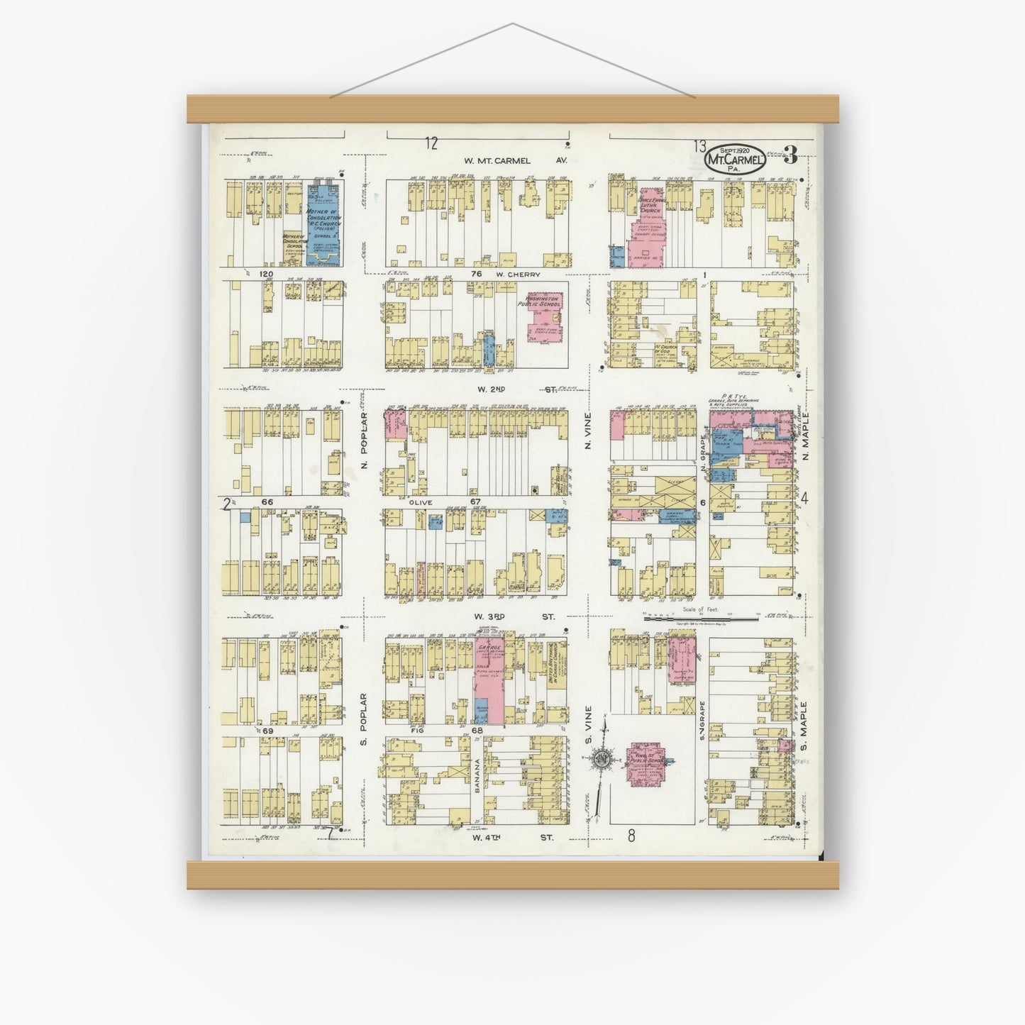 Old map wall art mockup — magnetic wood frame on white wall — Sanborn Fire Insurance Map from Mount Carmel, Northumberland County, Pennsylvania (1920), Sheet #0003
