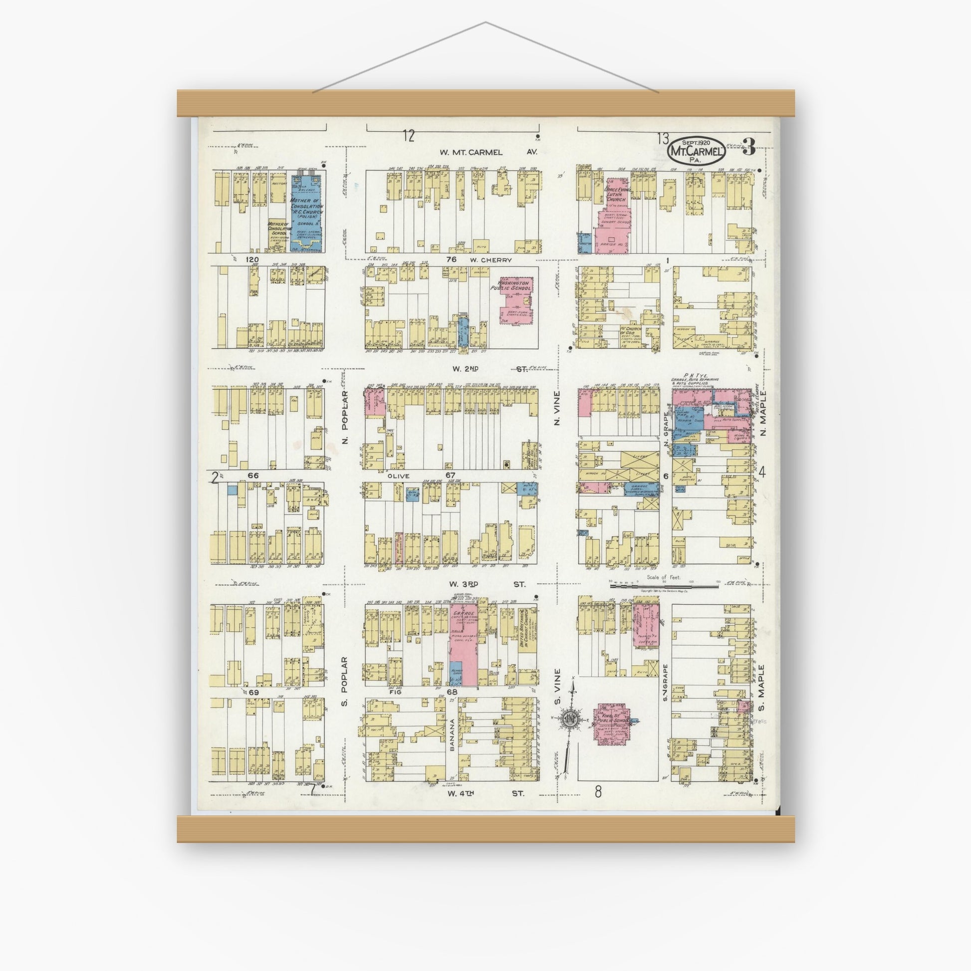 Old map wall art mockup — magnetic wood frame on white wall — Sanborn Fire Insurance Map from Mount Carmel, Northumberland County, Pennsylvania (1920), Sheet #0003