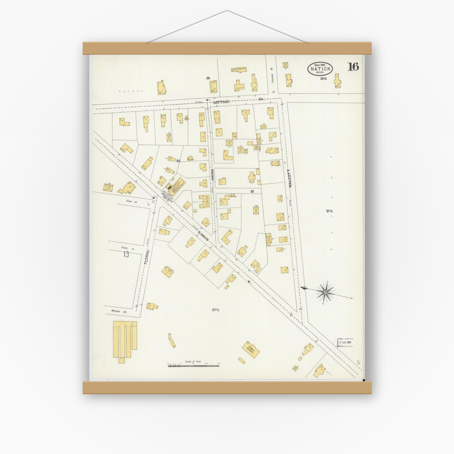 Old map wall art mockup — magnetic wood frame on white wall — Sanborn Fire Insurance Map from Natick, Middlesex County, Massachusetts (1904), Sheet #0016