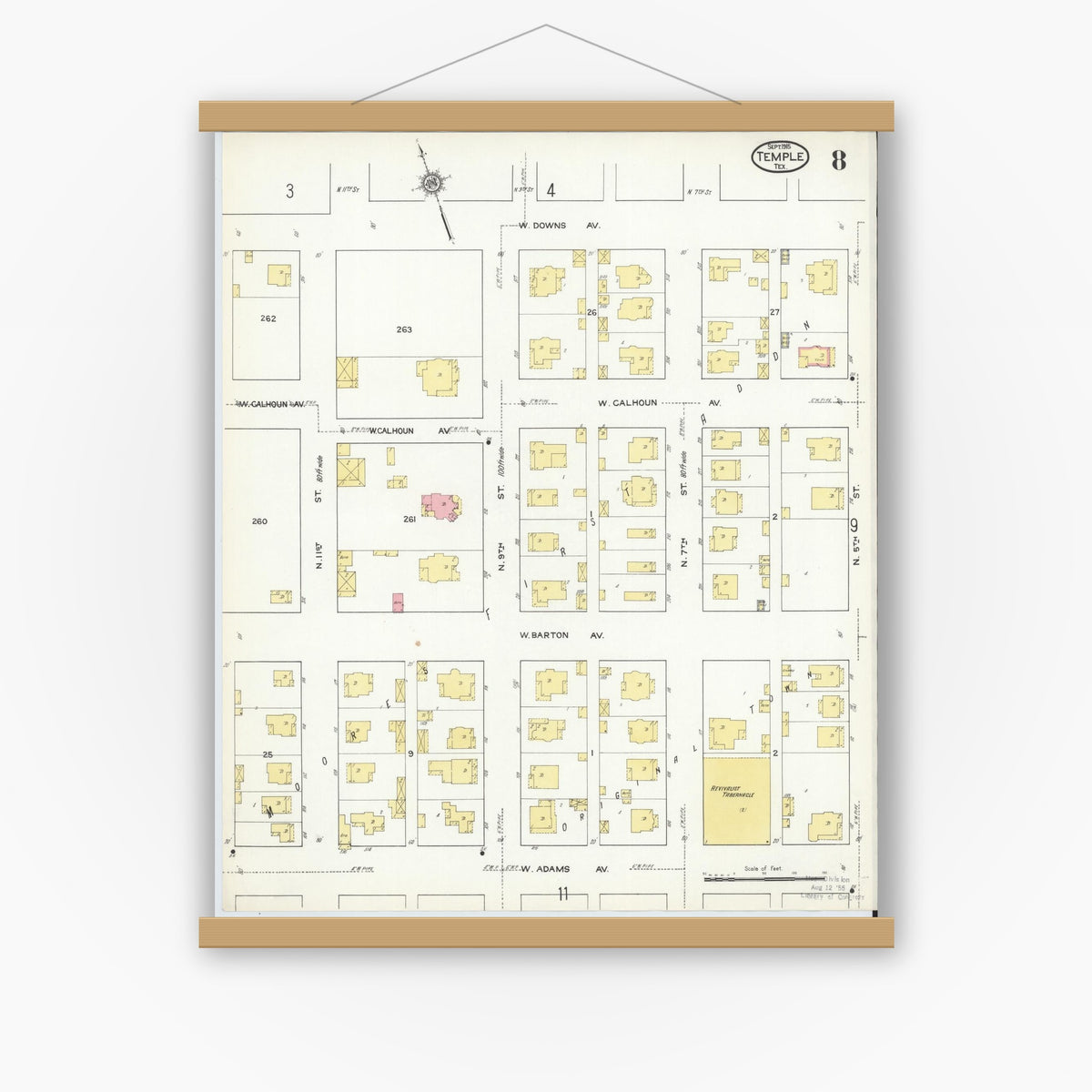 Old map wall art mockup — magnetic wood frame on white wall — Sanborn Fire Insurance Map from Temple, Bell County, Texas (1915), Sheet #0008