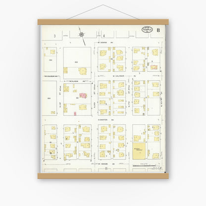 Old map wall art mockup — magnetic wood frame on white wall — Sanborn Fire Insurance Map from Temple, Bell County, Texas (1915), Sheet #0008
