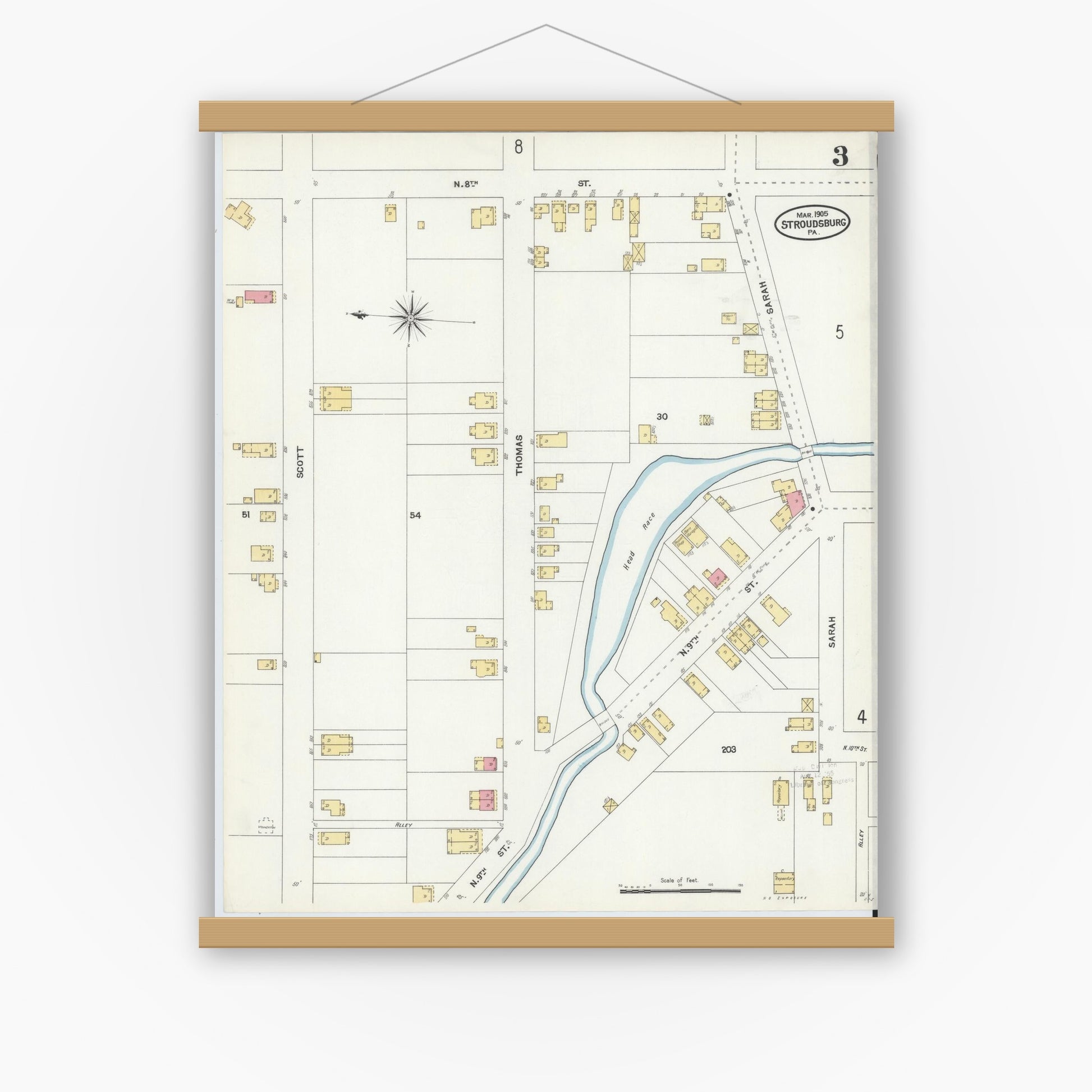 Old map wall art mockup — magnetic wood frame on white wall — Sanborn Fire Insurance Map from Stroudsburg, Monroe County, Pennsylvania (1905), Sheet #0003