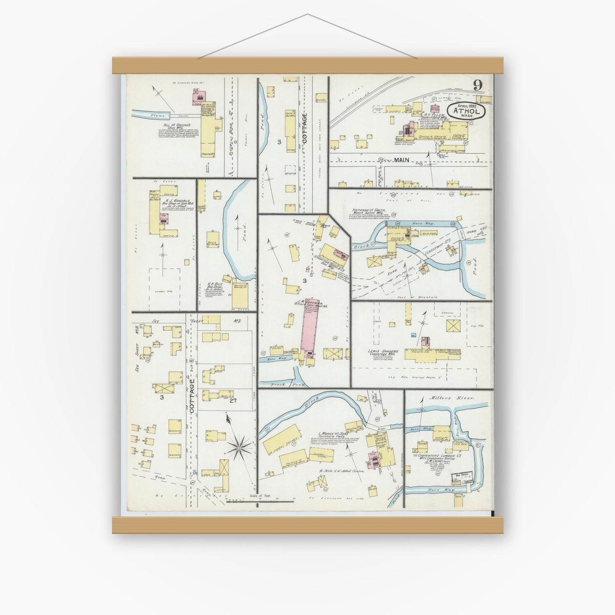 Old map wall art mockup — magnetic wood frame on white wall — Sanborn Fire Insurance Map from Athol, Worcester County, Massachusetts (1892), Sheet #0009