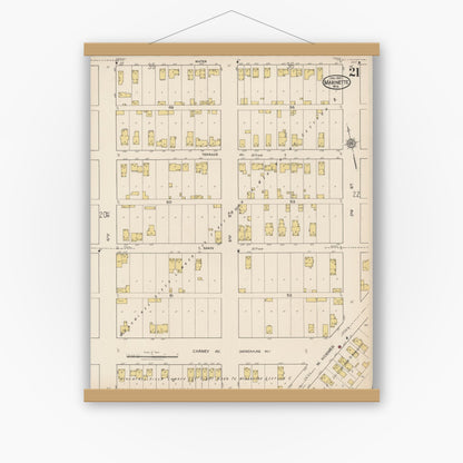 Old map wall art mockup — magnetic wood frame on white wall — Sanborn Fire Insurance Map from Marinette, Marinette County, Wisconsin (1921), Sheet #0021