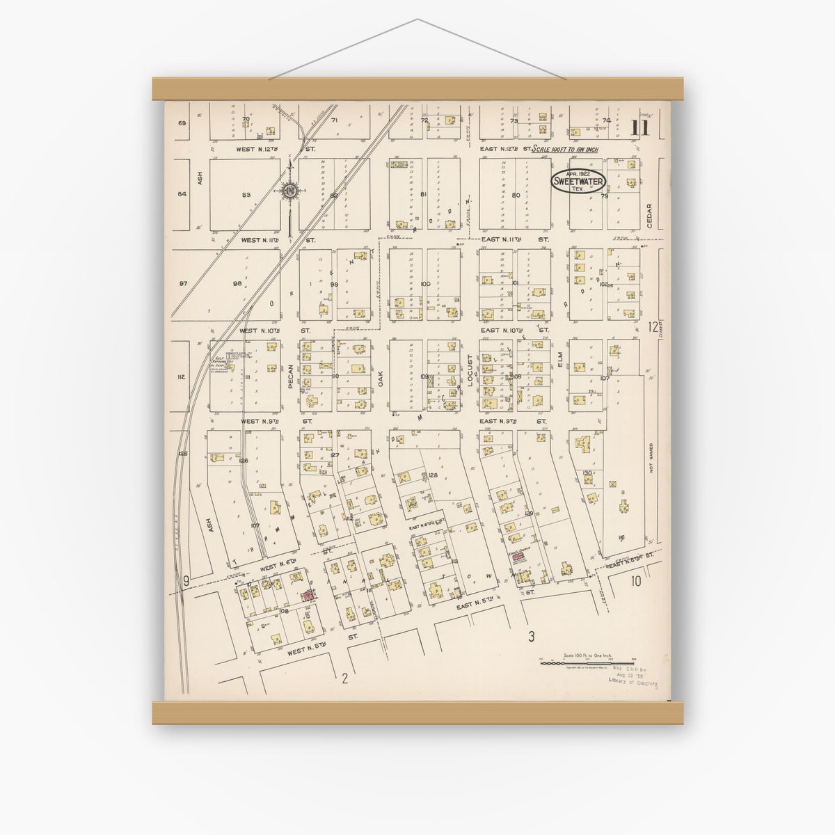 Old map wall art mockup — magnetic wood frame on white wall — Sanborn Fire Insurance Map from Sweetwater, Nolan County, Texas (1922), Sheet #0011