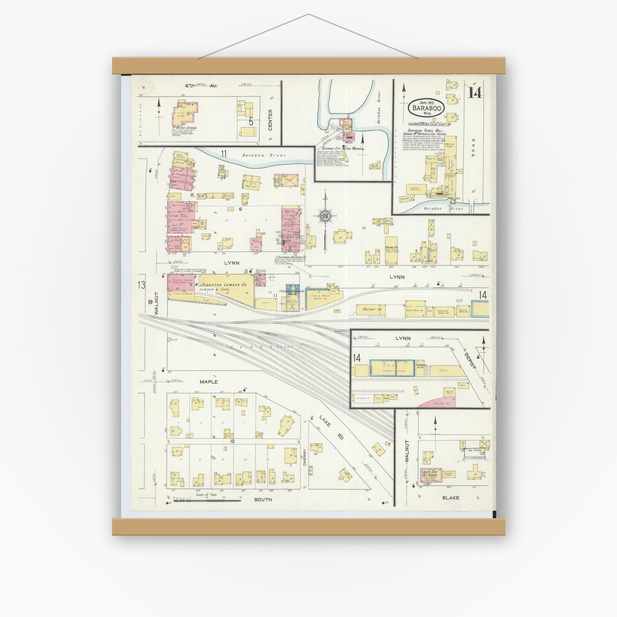Old map wall art mockup — magnetic wood frame on white wall — Sanborn Fire Insurance Map from Baraboo, Sauk County, Wisconsin (1913), Sheet #0014
