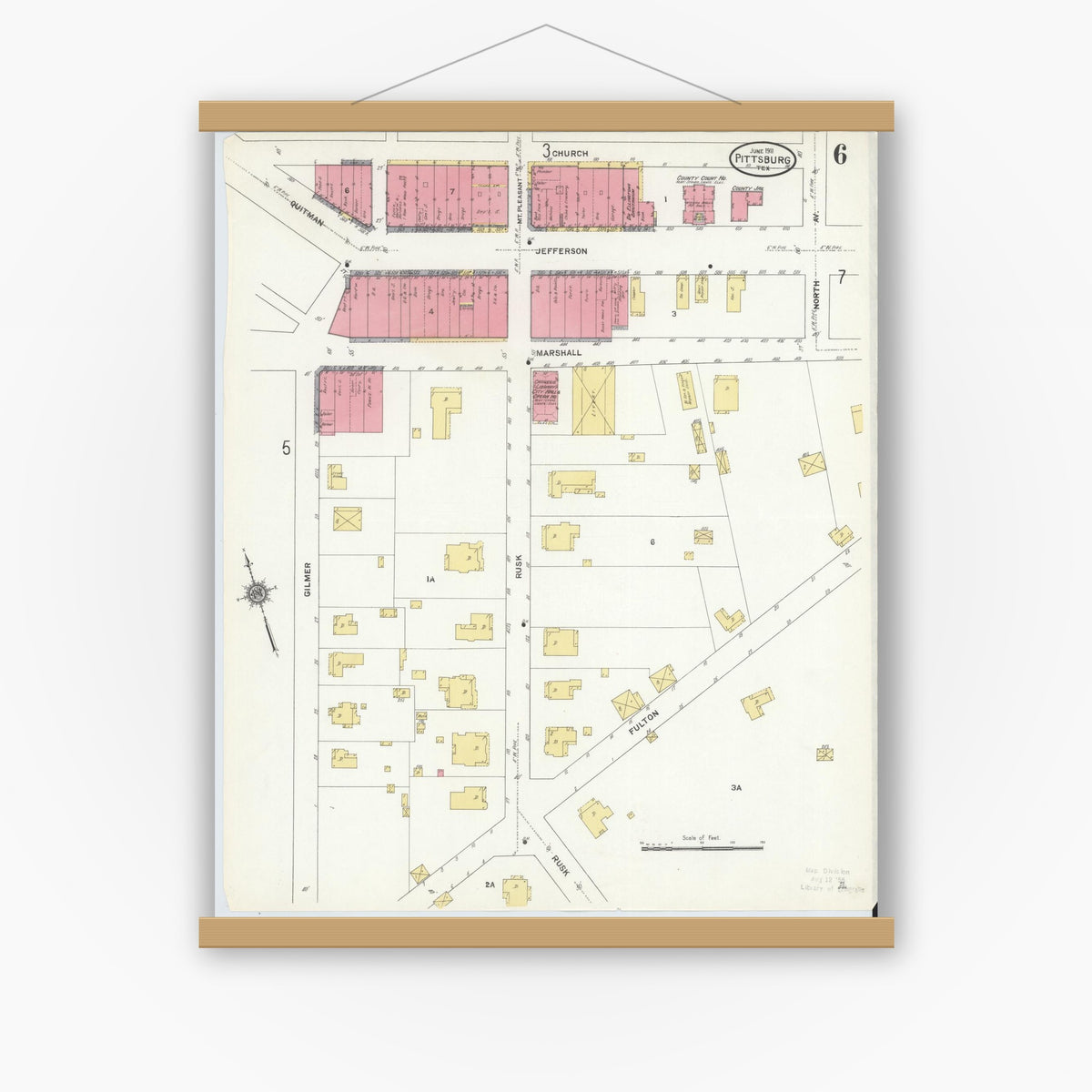 Old map wall art mockup — magnetic wood frame on white wall — Sanborn Fire Insurance Map from Pittsburg, Camp County, Texas (1911), Sheet #0006