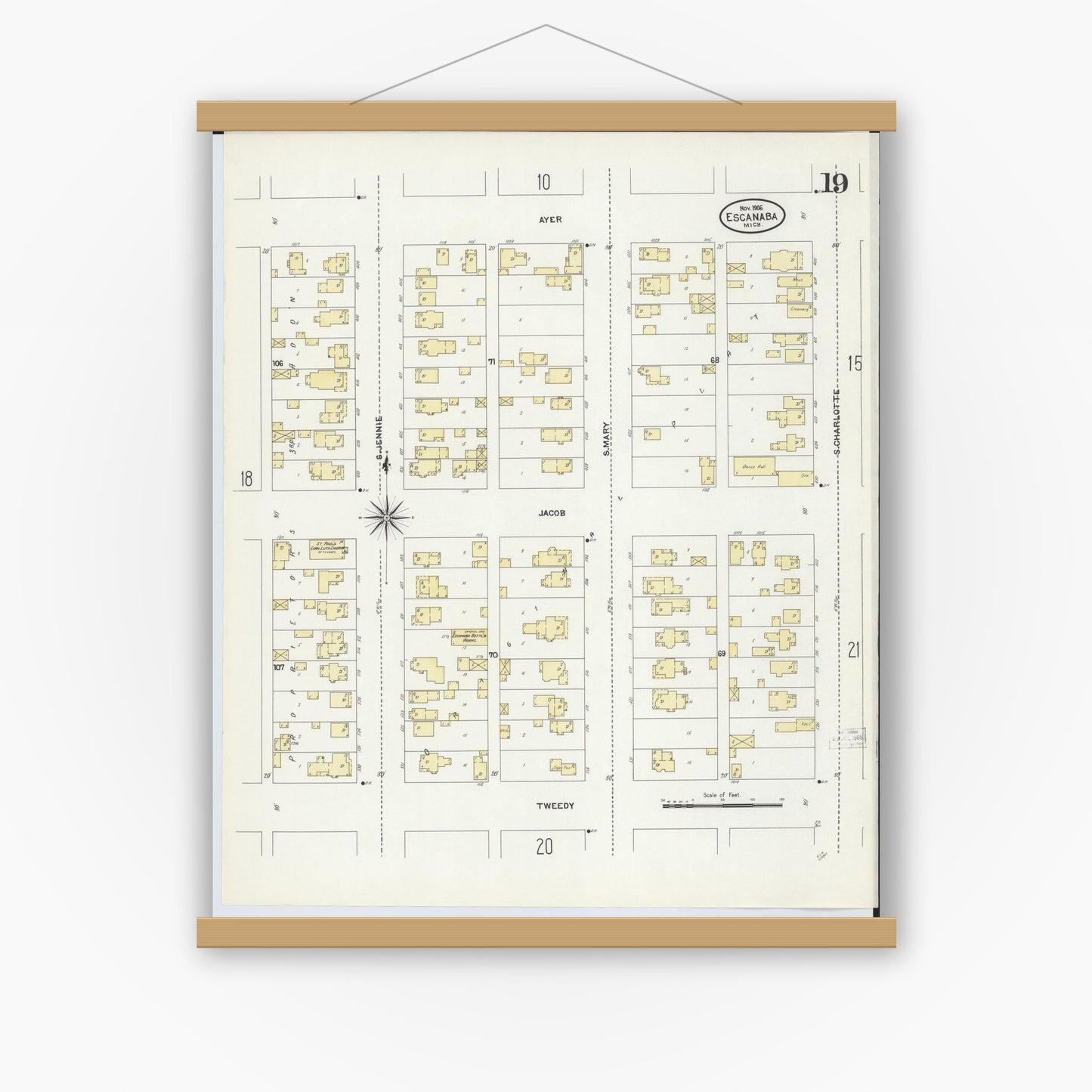 Old map wall art mockup — magnetic wood frame on white wall — Sanborn Fire Insurance Map from Escanaba, Delta County, Michigan (1906), Sheet #0019