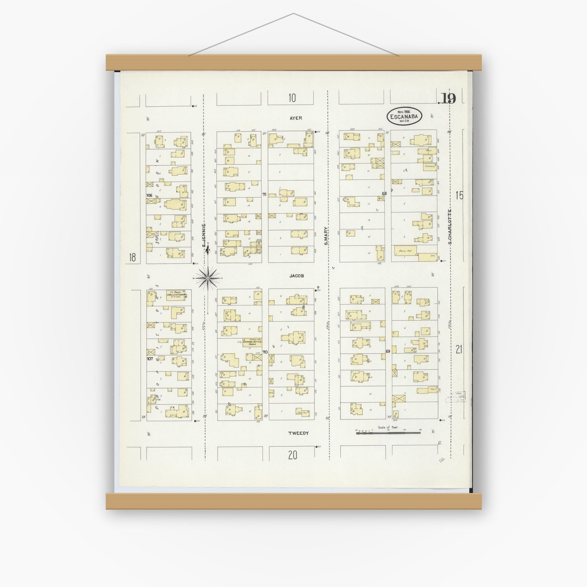 Old map wall art mockup — magnetic wood frame on white wall — Sanborn Fire Insurance Map from Escanaba, Delta County, Michigan (1906), Sheet #0019