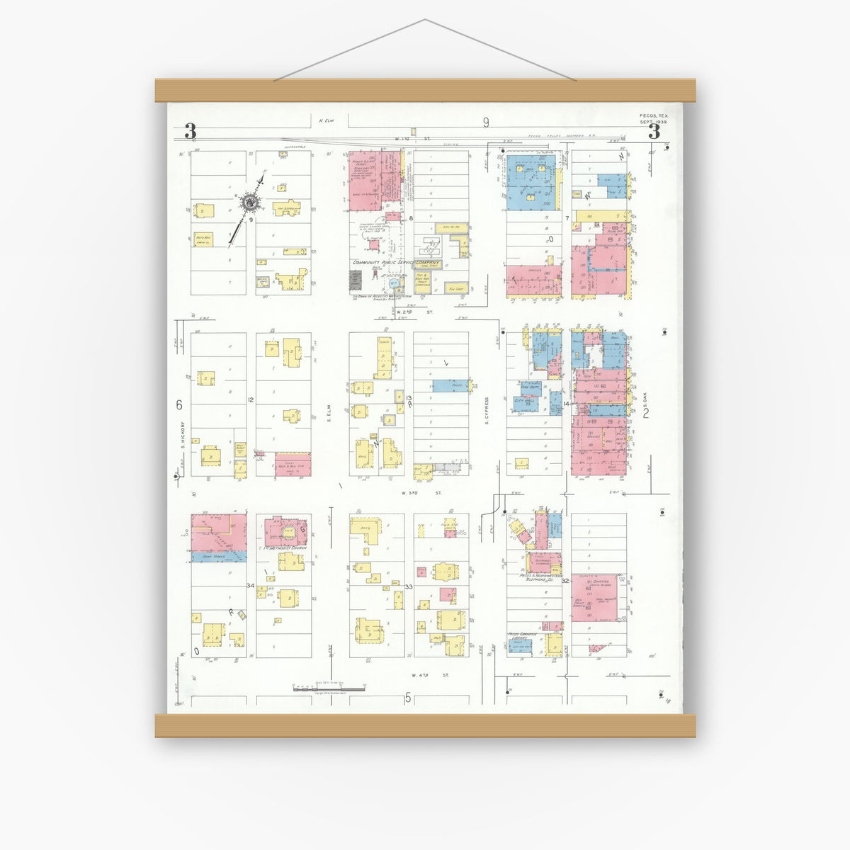 Old map wall art mockup — magnetic wood frame on white wall — Sanborn Fire Insurance Map from Pecos, Reeves County, Texas (1939), Sheet #0003