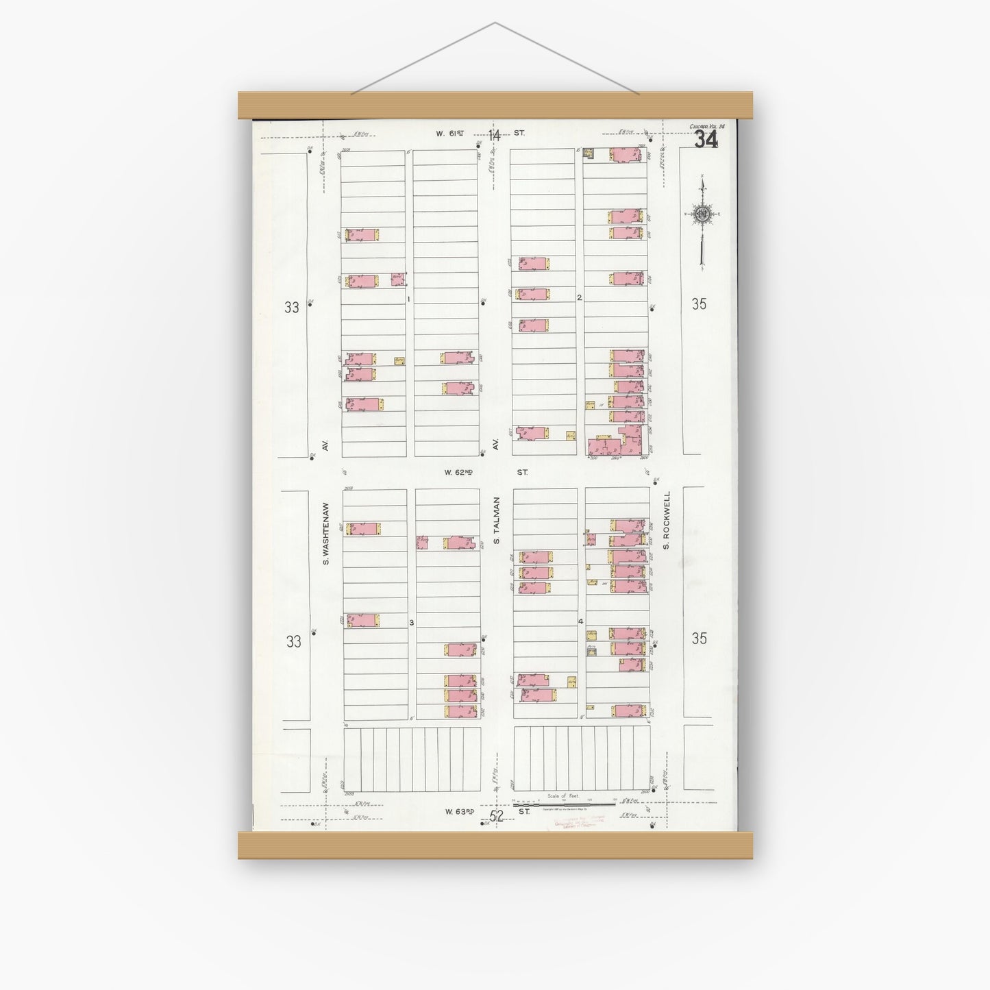 Old map wall art mockup — magnetic wood frame on white wall — Sanborn Fire Insurance Map from Chicago, Cook County, Illinois (1920), Sheet #0034