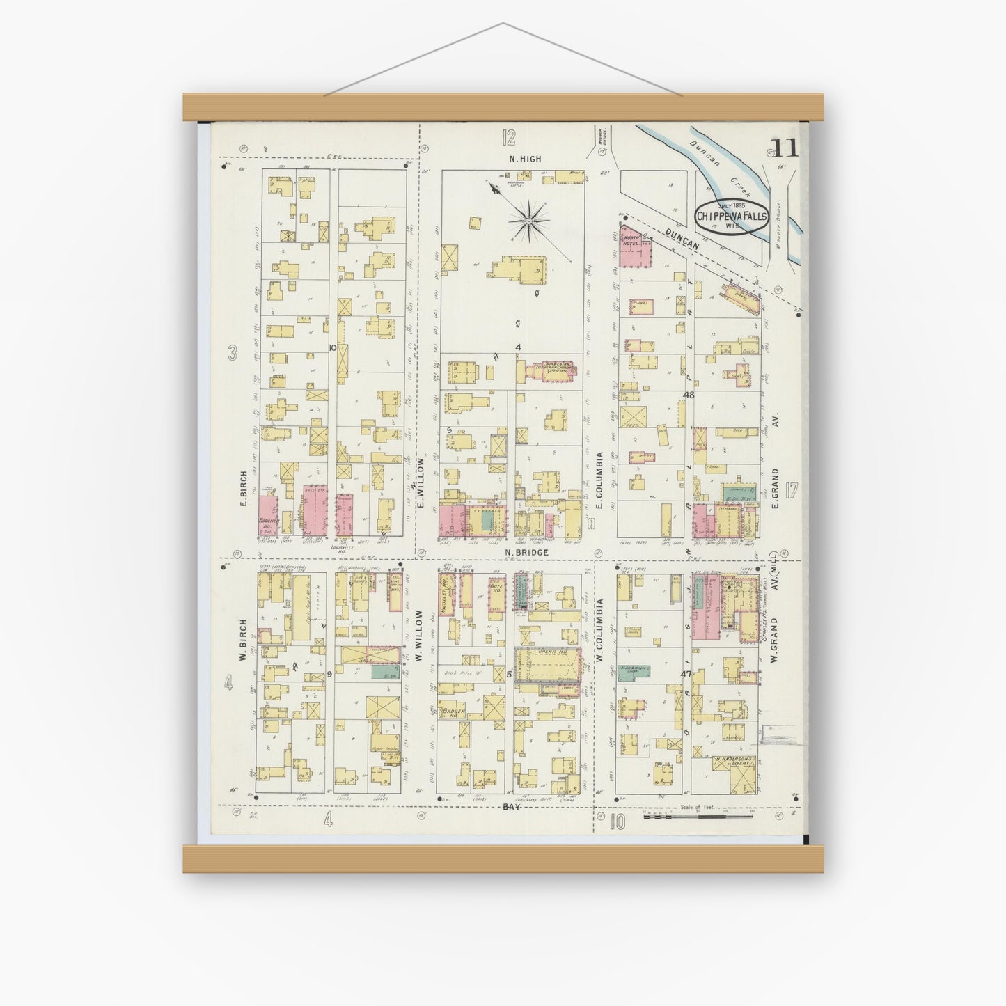 Old map wall art mockup — magnetic wood frame on white wall — Sanborn Fire Insurance Map from Chippewa Falls, Chippewa County, Wisconsin (1895), Sheet #0011