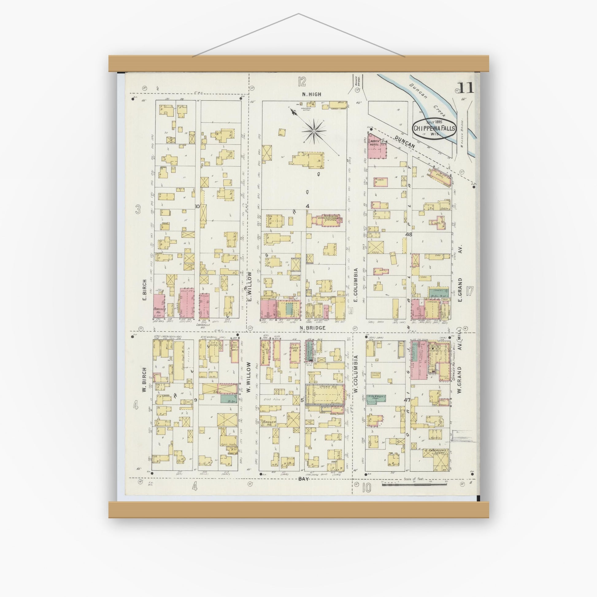 Old map wall art mockup — magnetic wood frame on white wall — Sanborn Fire Insurance Map from Chippewa Falls, Chippewa County, Wisconsin (1895), Sheet #0011