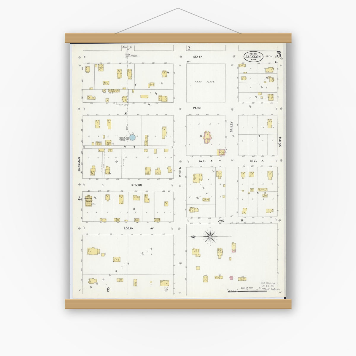 Old map wall art mockup — magnetic wood frame on white wall — Sanborn Fire Insurance Map from Jackson, Jackson County, Minnesota (1907), Sheet #0005