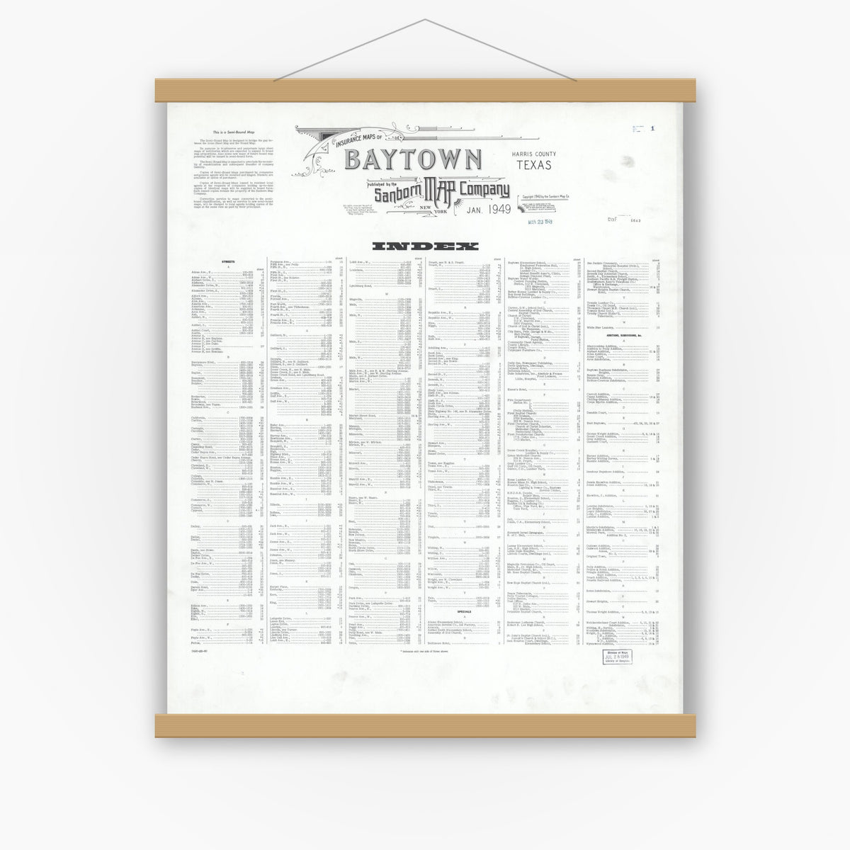 Old map wall art mockup — magnetic wood frame on white wall — Sanborn Fire Insurance Map from Baytown, Harris County, Texas (1949), Sheet #0001