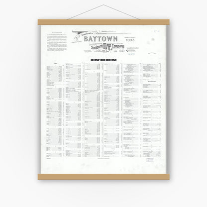 Old map wall art mockup — magnetic wood frame on white wall — Sanborn Fire Insurance Map from Baytown, Harris County, Texas (1949), Sheet #0001