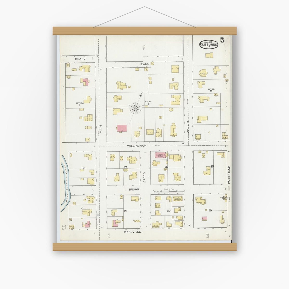 Old map wall art mockup — magnetic wood frame on white wall — Sanborn Fire Insurance Map from Cleburne, Johnson County, Texas (1893), Sheet #0005